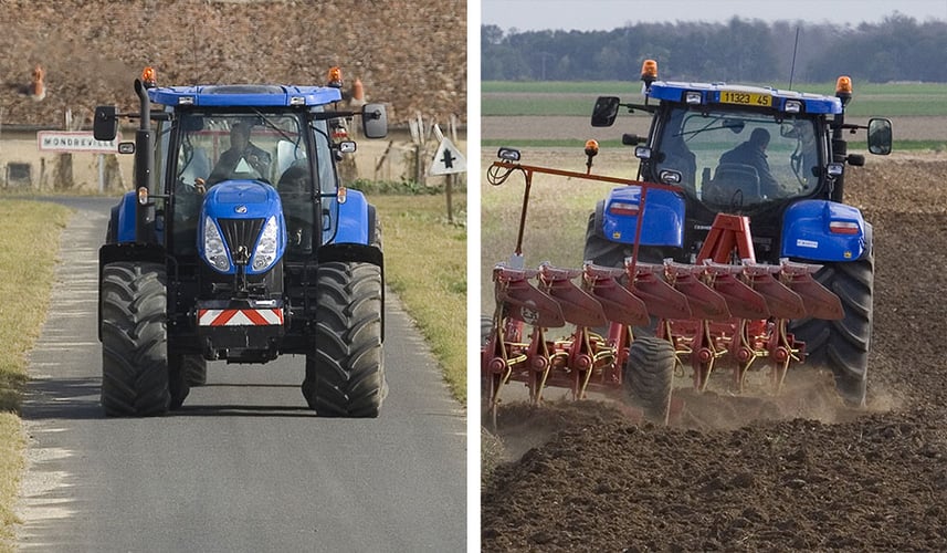 Überprüfung der Traktorreifen auf der Straße und auf dem Feld