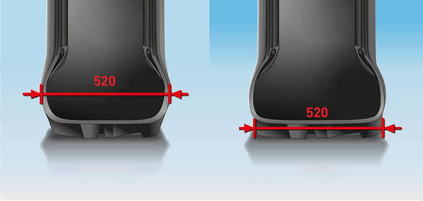 Die Reifenbreite des VX-R TRACTOR rechts entspricht der Breite, die auf dem Boden aufsteht wird, im Gegensatz zum Standardreifen links